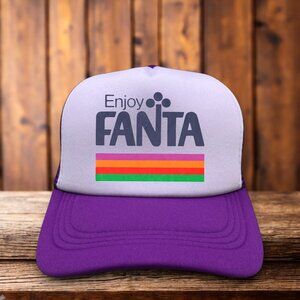 Retro Fanta Mens Trucker Hat Purple Snapback 1980 Logo Soda Pop Baseball Cap